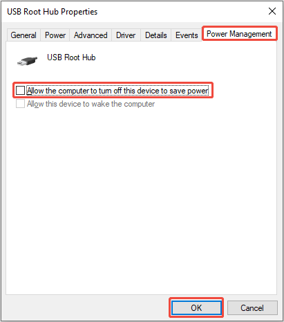 The USB Root Hub Properties interface to uncheck Allow the computer to turn off this device to save power.