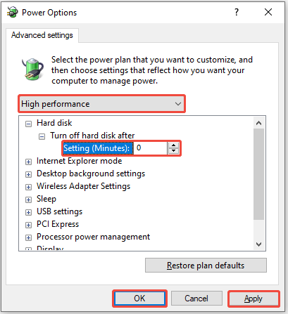 Power Options window with High Performance selected, showing the Turn off hard disk after setting set to 0 minutes.