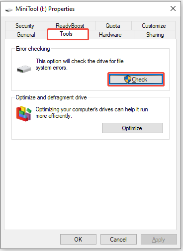 The disk Properties interface with the Check button highlighted for file system error checking under the Tools tab.