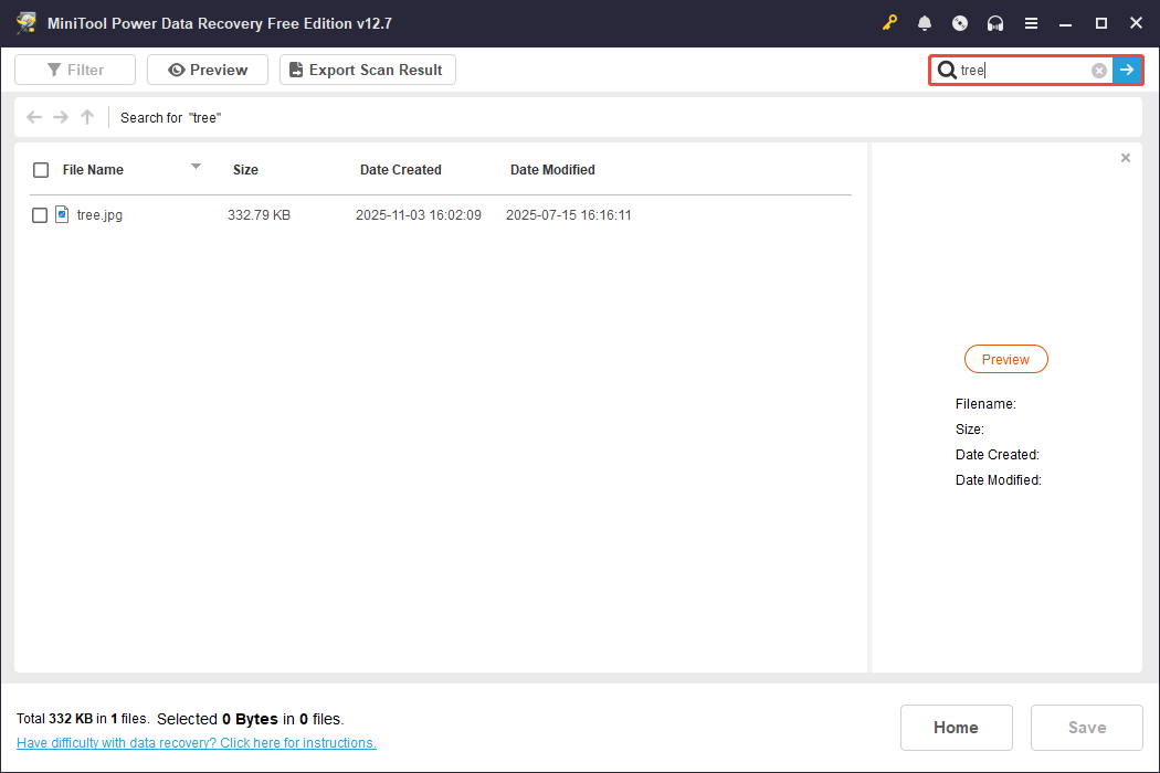 MiniTool Power Data Recovery interface displaying search results filtered by a keyword entered in the top right search box.