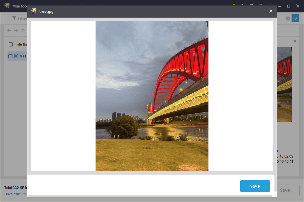 Preview interface in MiniTool Power Data Recovery with a bridge photo displayed for file verification.