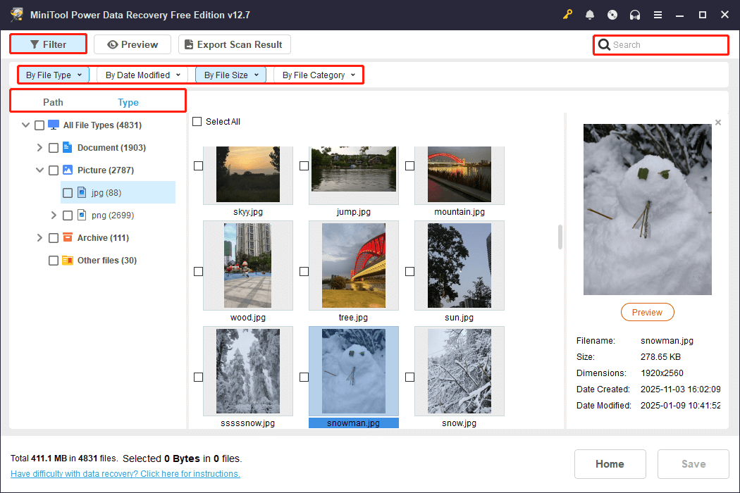 the Path, Type, Filter, and Search features in MiniTool Power Data Recovery