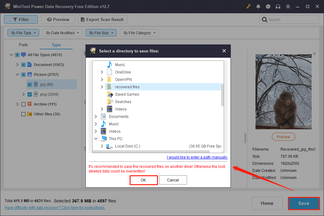 the interface for saving recovered files in MiniTool Power Data Recovery