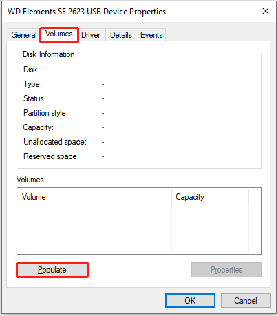 the Volumes interface of disk properties