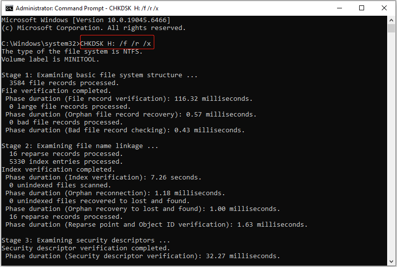 the Command Prompt window for executing the CHKDSK command