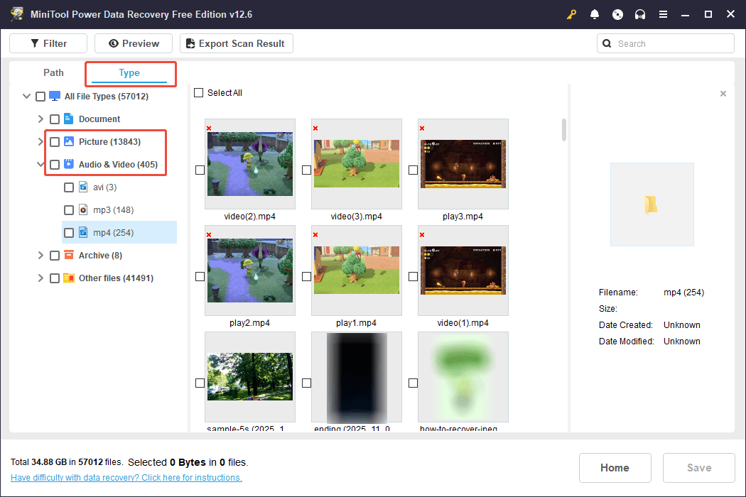 the Audio & Video interface of MiniTool Power Data Recovery under the Type tab