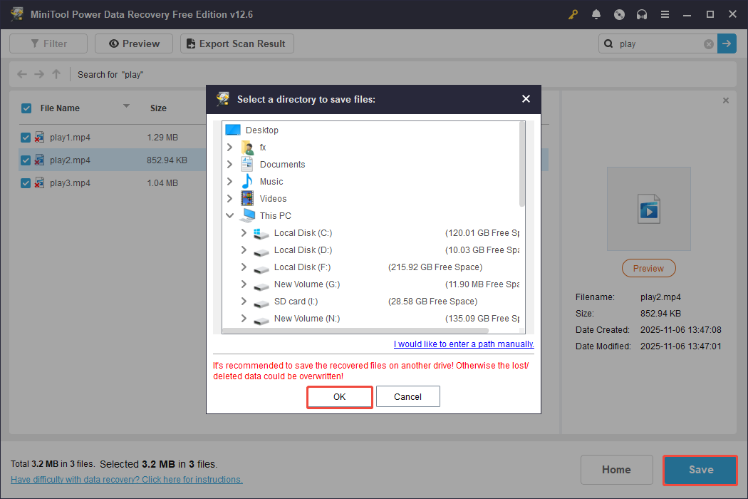 the save interface of MiniTool Power Data Recovery