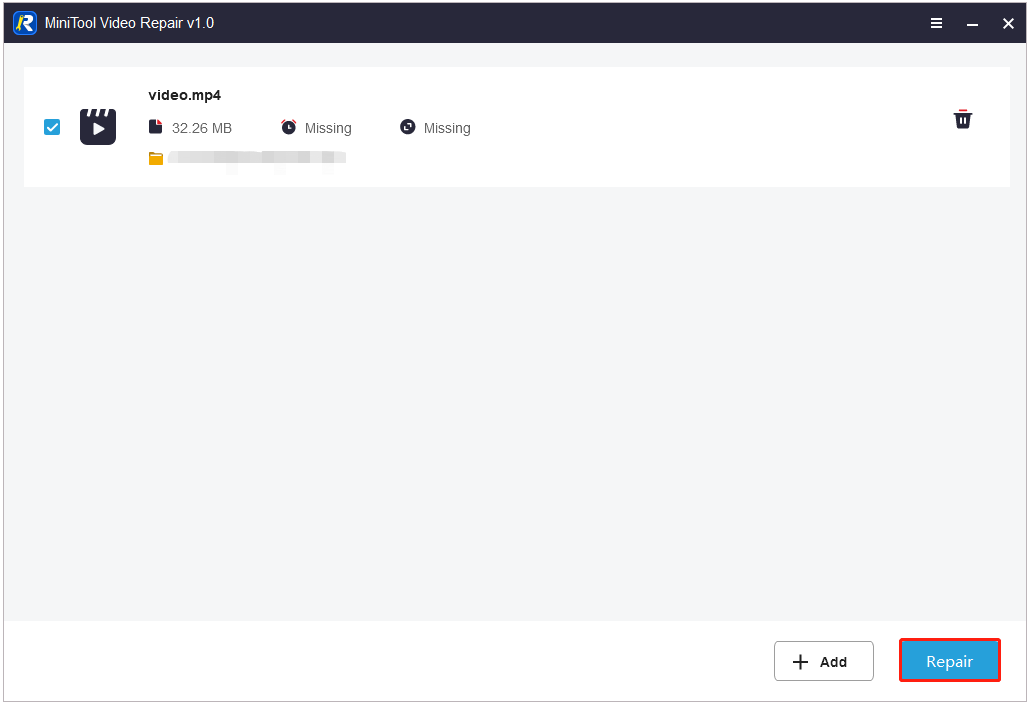 修復したいビデオをMiniTool Video Repairに追加したら、「Repair」をクリックしてプロセスを開始