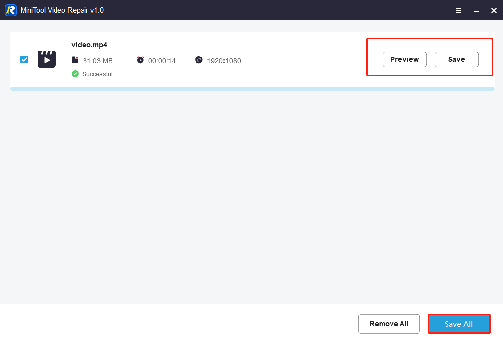 修復プロセスが完了したら、MiniTool Video Repairでビデオをプレビューし、「Save All」を選択してビデオを一括で保存