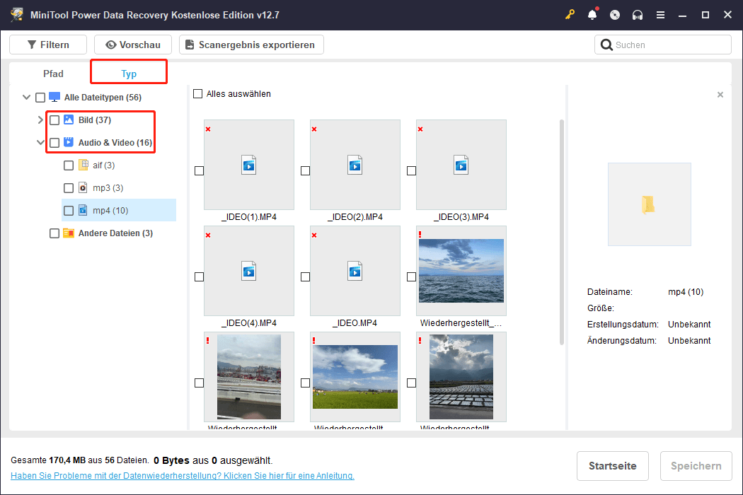 Die Audio-&-Video-Oberfläche von MiniTool Power Data Recovery unter dem Tab Typ