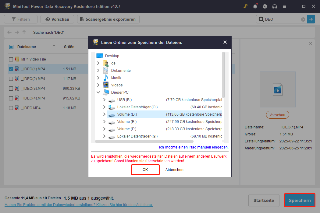 Die Speicheroberfläche von MiniTool Power Data Recovery