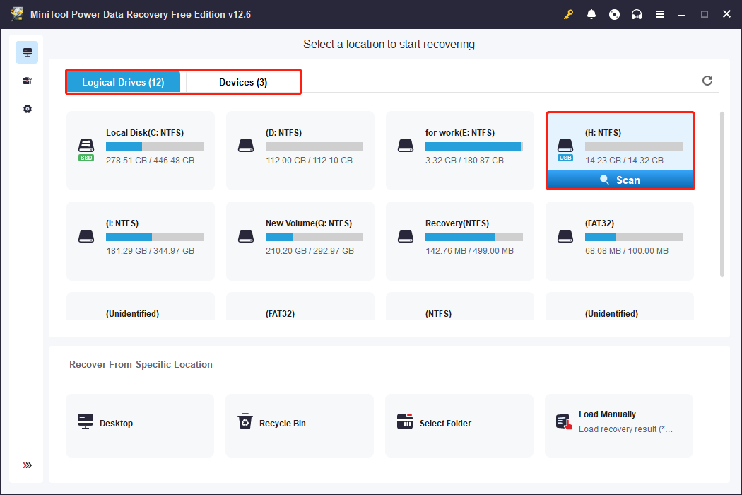 find the target drive and click Scan in MiniTool Power Data Recovery
