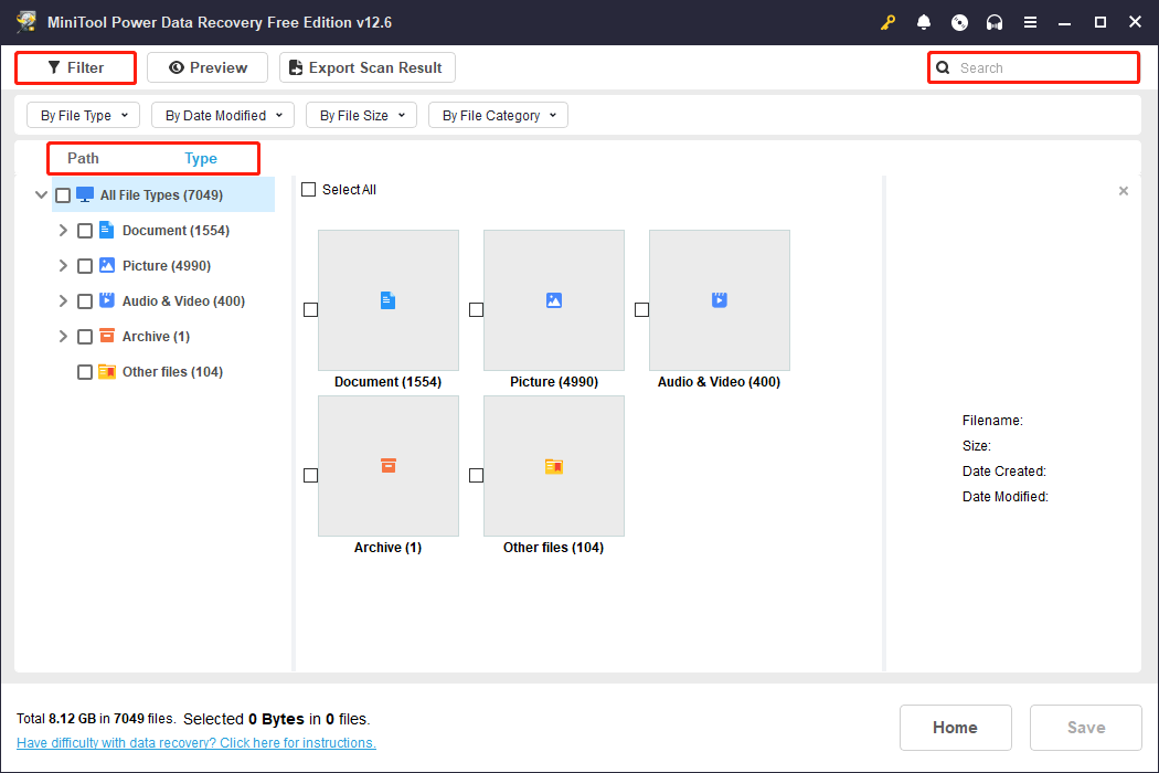 click Path, Type, Filter, and Search to find the target files in MiniTool Power Data Recovery