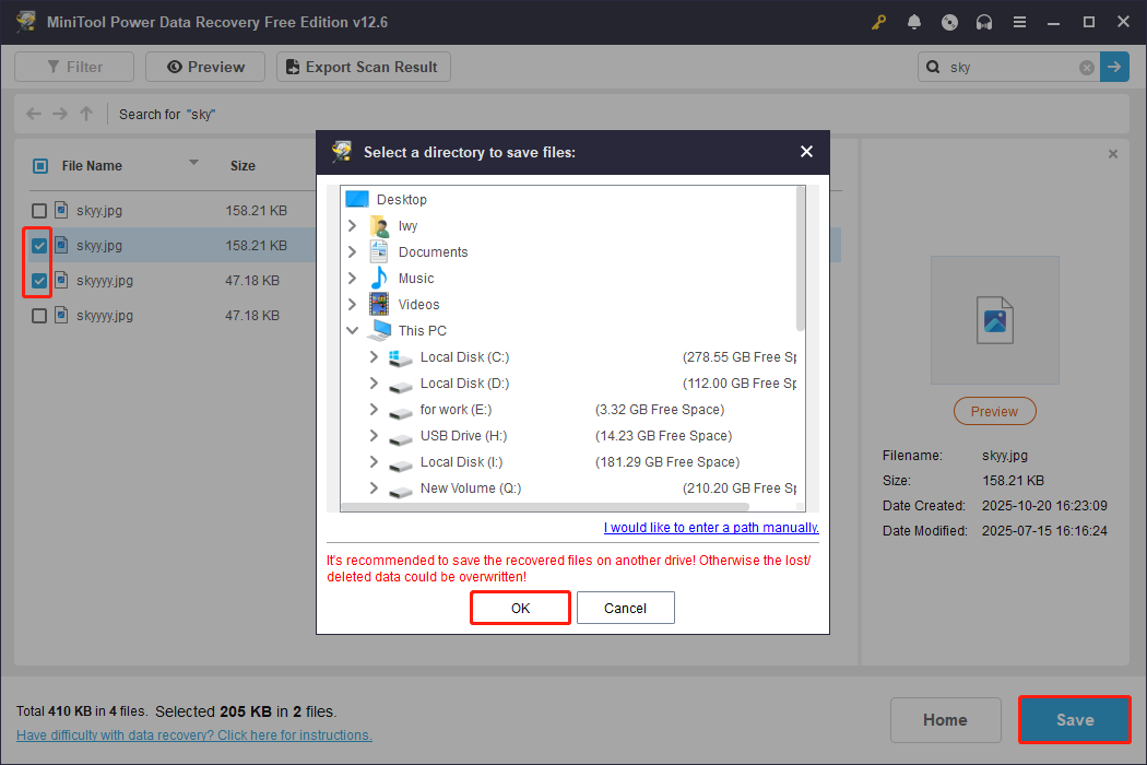 tick the files, click Save, choose a path, click OK in MiniTool Power Data Recovery