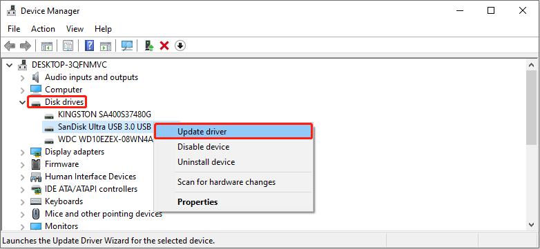 expand Disk drives and click Update driver