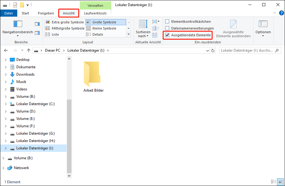 Die ausgewählte Option Ausgeblendete Elemente auf der linken Seite unter der Registerkarte Ansicht.