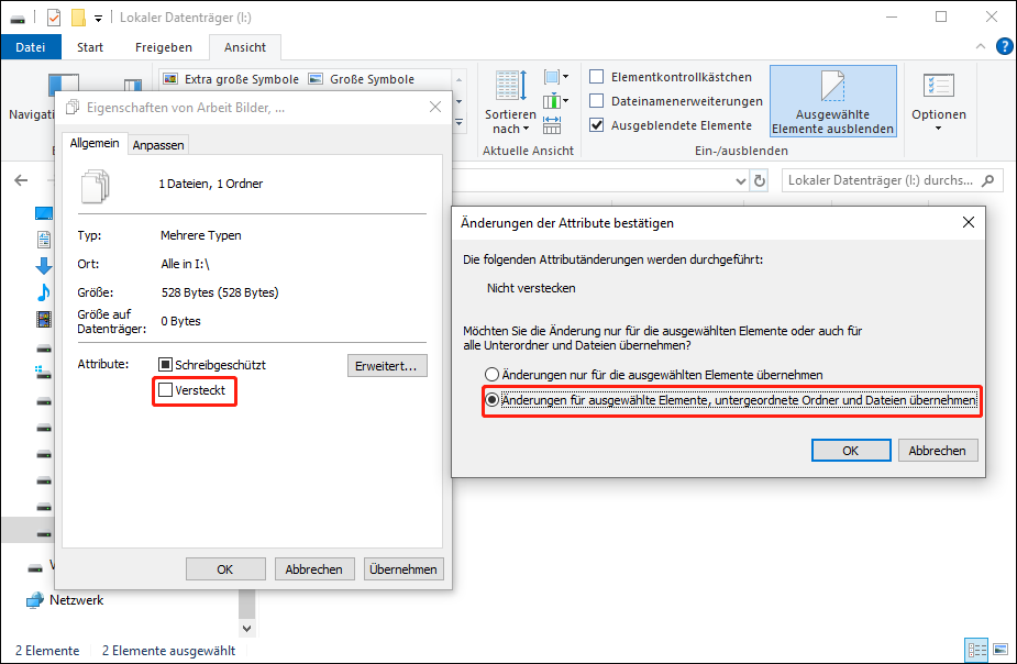 Änderungen für ausgewählte Dateien und Unterordner übernehmen, dann auf OK klicken.