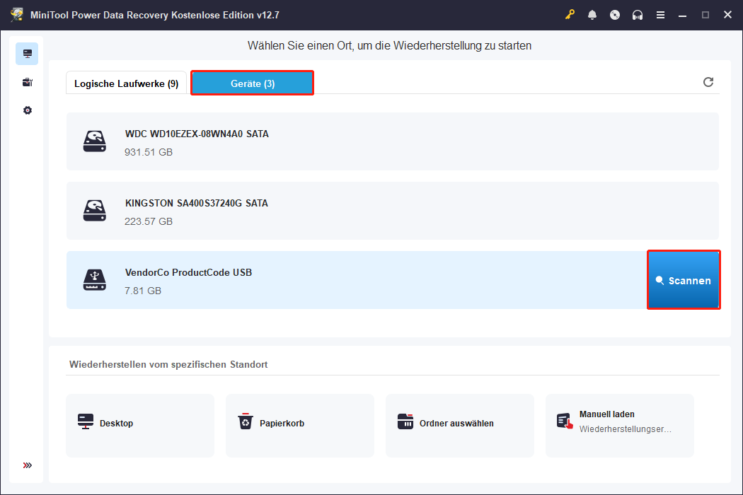 Auf der Geräte-Oberfläche ist die Option Scannen ausgewählt