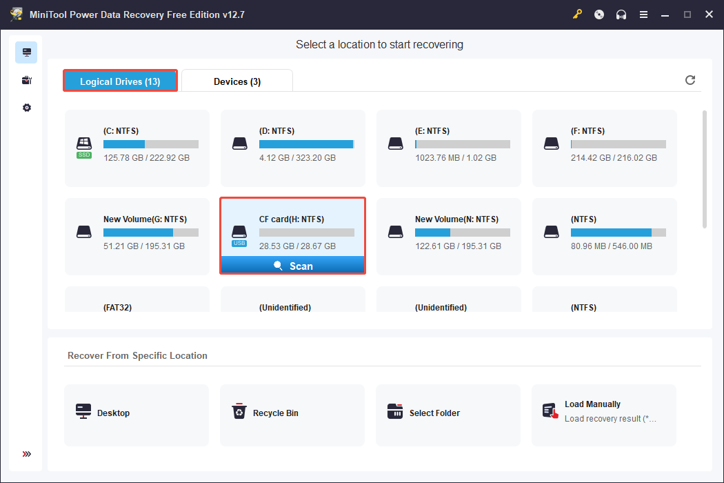 The Logical Drives interface in MiniTool Power Data Recovery with Scan highlighted to scan the target CF card.