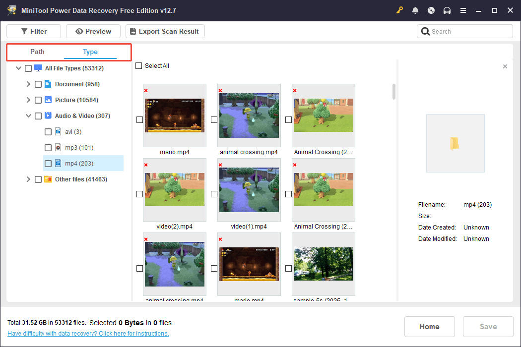 MiniTool Power Data Recovery interface showing the files selected from video, with Path and Type highlighted.