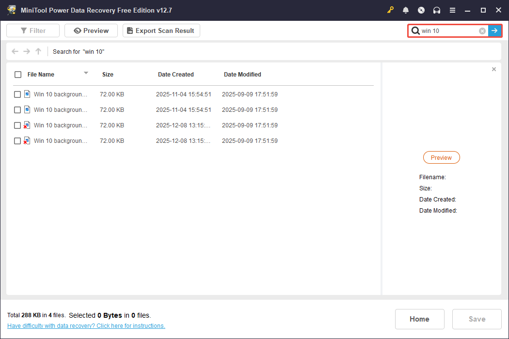 MiniTool Power Recovery interface displaying the search result for the keyword win 10, with the search bar highlighted.