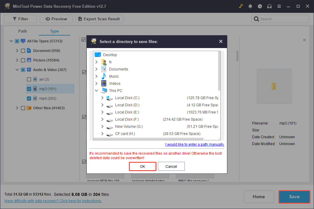 MiniTool Power Data Recovery interface showing the Save dialog with listed save paths for storing recovered files.