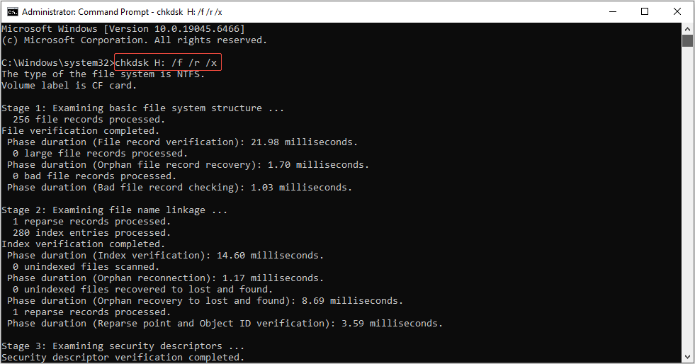 The Command Prompt interface showing the CHKDSK command that is repairing file system errors for the H drive.