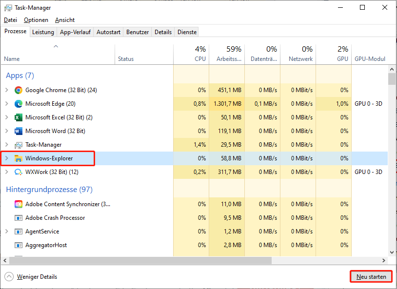 Task-Manager-Fenster mit ausgewähltem Windows-Explorer und hervorgehobener Schaltfläche Neu starten zum Neustart des Datei-Explorers.