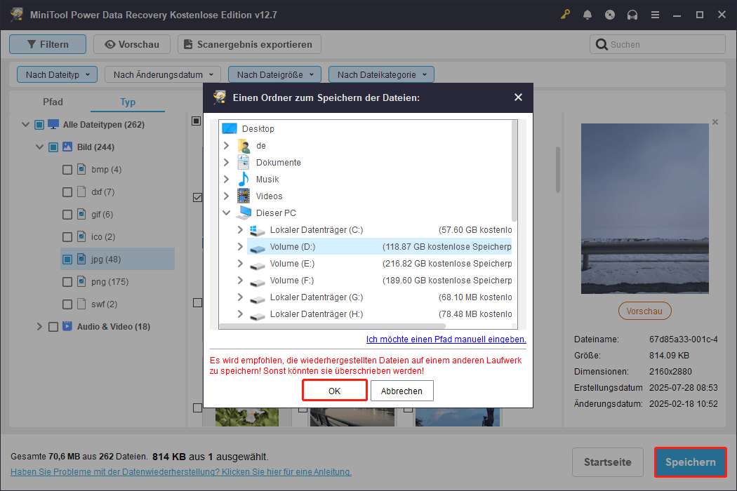 Benutzeroberfläche von MiniTool Power Data Recovery mit ausgewählter Option Speichern und angezeigtetem Dialogfeld zur Auswahl eines Speicherpfads für Dateien.