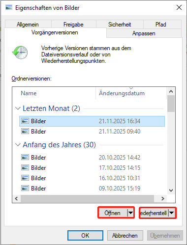 Registerkarte Vorgängerversionen im Eigenschaftenfenster eines Ordners mit hervorgehobenen Schaltflächen Öffnen und Wiederherstellen.