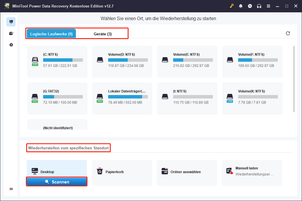 Hauptoberfläche von MiniTool Power Data Recovery mit Anzeige verfügbarer Partitionen und Speicherorte sowie hervorgehobener Schaltfläche Scannen.
