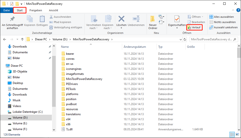 Ansicht des Bereichs Verlauf zur Übersicht vergangener Aktionen.