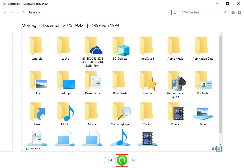 Darstellung der Wiederherstellen-Schaltfläche im Wiederherstellungsbereich.