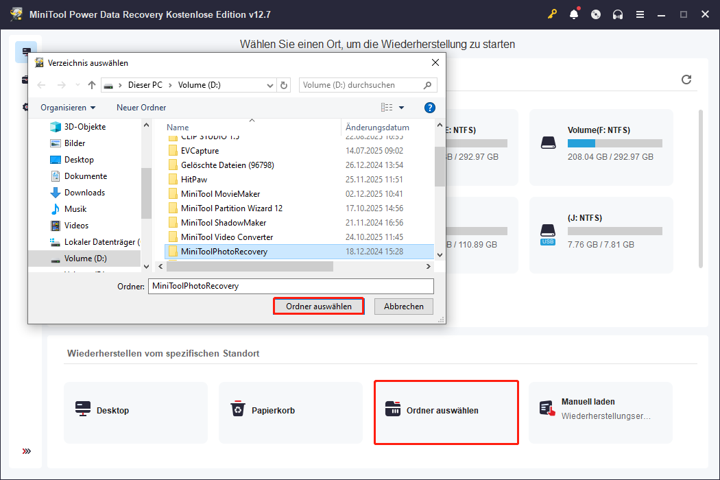 Ansicht des Scans des Ordners Fotos zur Dateisuche in MiniTool Power Data Recovery.