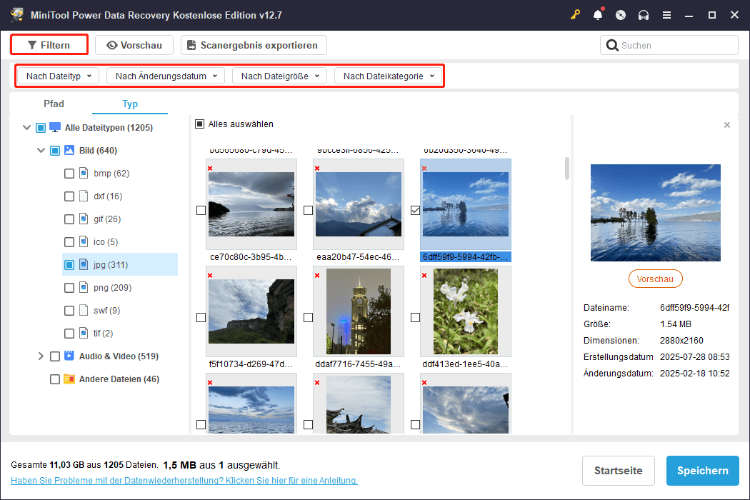 Darstellung der Filterauswahl zur gezielten Dateifilterung in MiniTool Power Data Recovery.