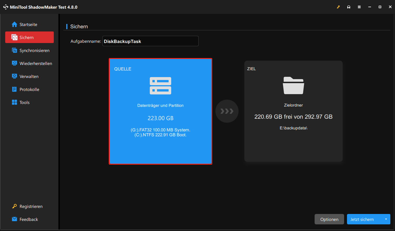 Ansicht der QUELLE-Auswahl zur Festlegung des Speicherorts in MiniTool ShadowMaker.