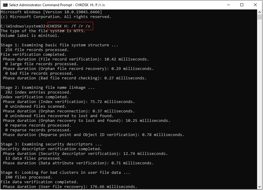 Command Prompt window displaying CHKDSK outcomes for repairing file system errors on the H drive.