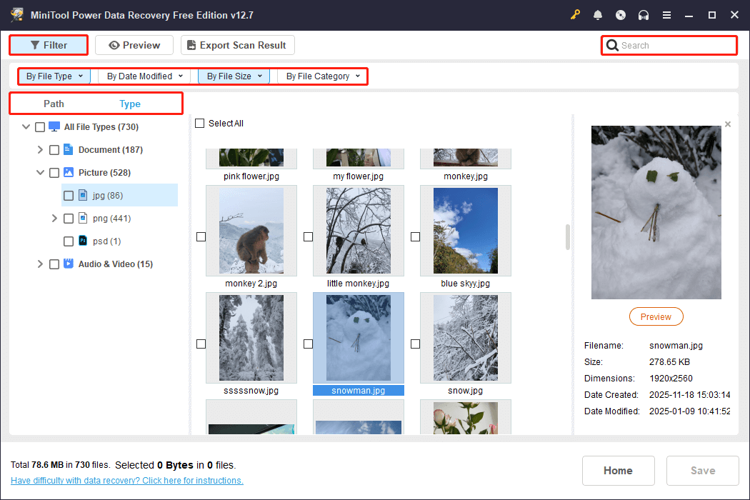 Scan results interface in MiniTool Power Data Recovery, with Path, Type, Filter, and Search features highlighted in top area.