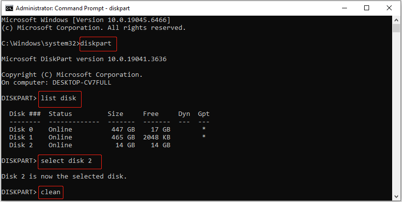 Command Prompt window showing the execution of diskpart and clean commands to clean the selected disk.