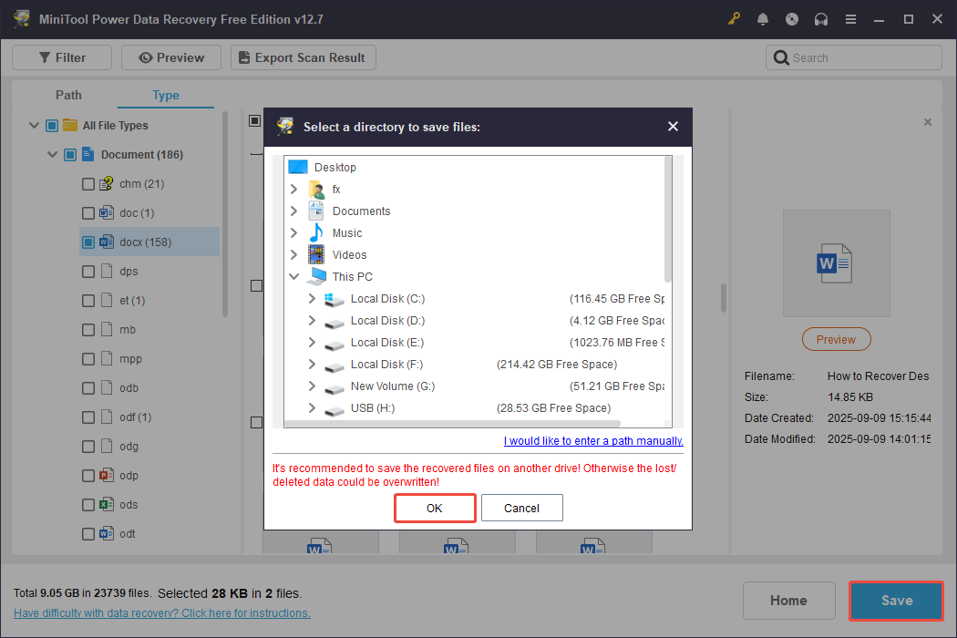 The save interface of MiniTool Power Data Recovery showing a list of directories to save recovered files.