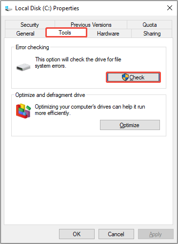 The Properties interface of the C drive showing the Error checking tool in the Tools tab, with Check highlighted.