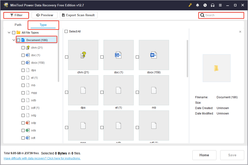 The Type window of MiniTool Power Data Recovery displaying the file formats for Documents, with Filter and Search selected.
