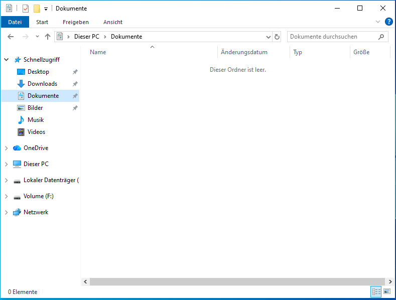 Die Oberfläche des Ordners Dokumente im Datei-Explorer zeigt die Meldung Dieser Ordner ist leer.