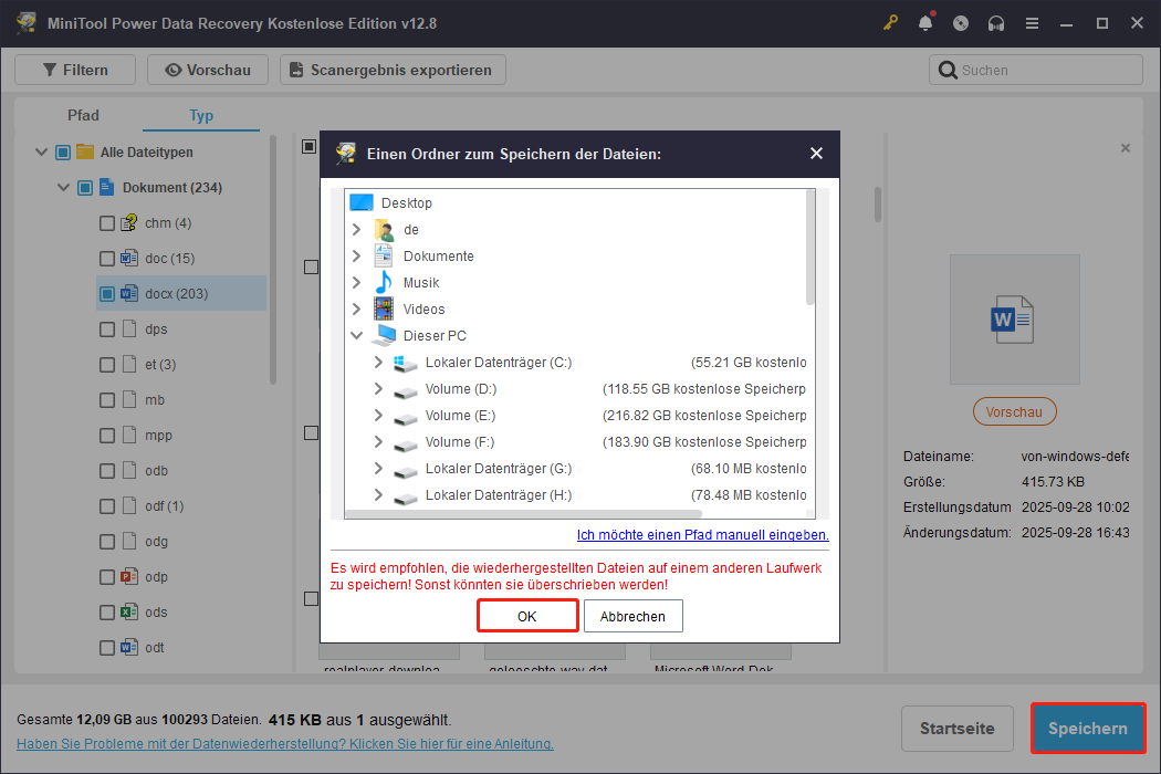 Die Speicheroberfläche von MiniTool Power Data Recovery zeigt eine Liste von Verzeichnissen zum Speichern der wiederhergestellten Dateien.