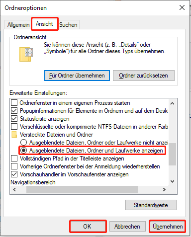 Die Oberfläche der Ordneroptionen zeigt die aktivierte Option Ausgeblendete Dateien, Ordner und Laufwerke anzeigen sowie die Schaltflächen Übernehmen und OK.
