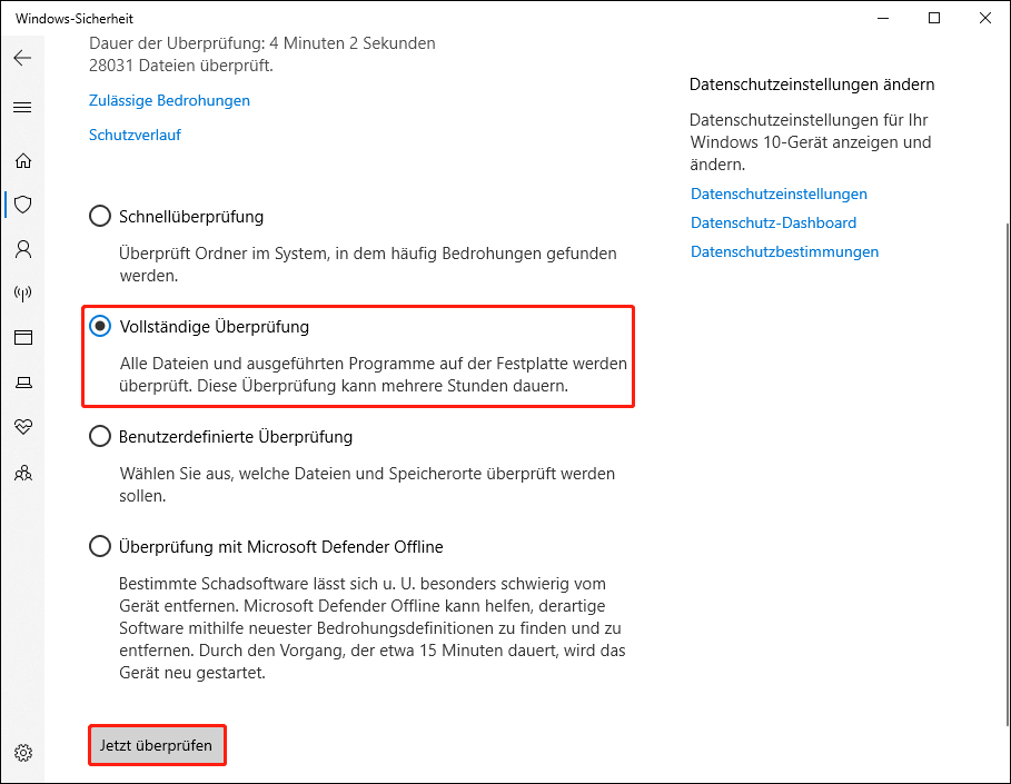 Die Oberfläche der Windows-Sicherheit zeigt die Scanoptionen von Windows Defender mit ausgewähltem vollständigem Scan und der Schaltfläche Jetzt scannen.