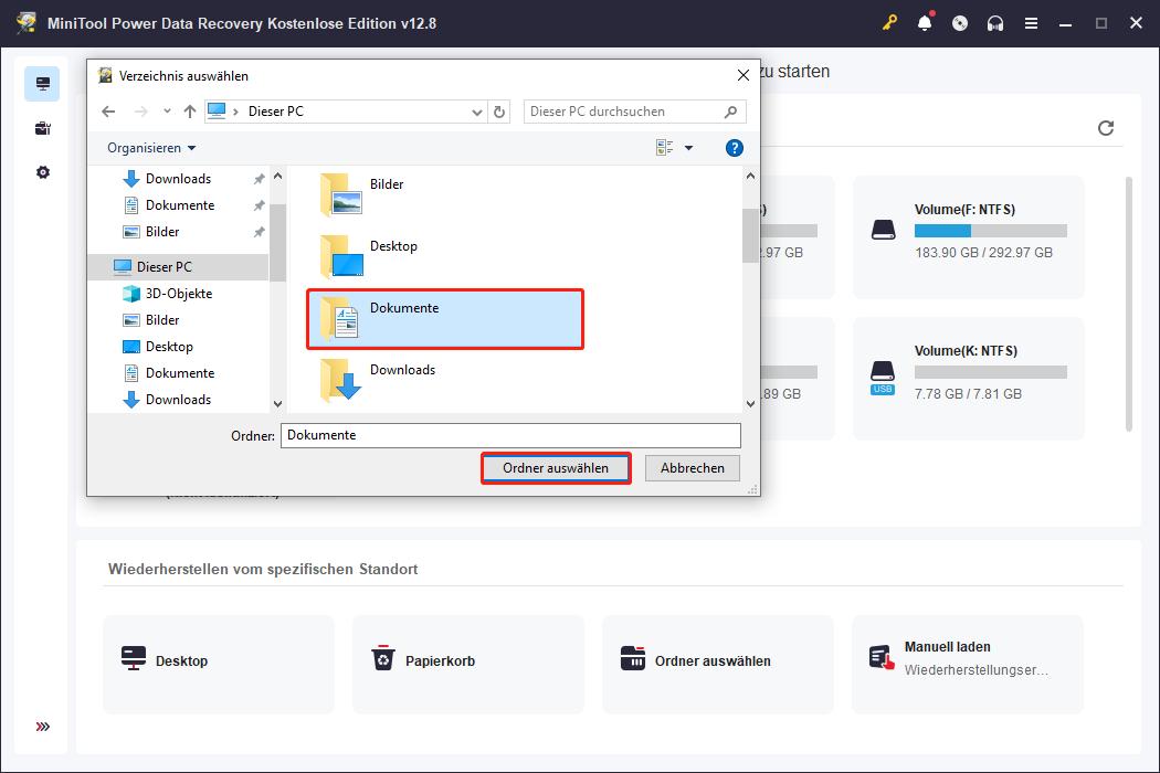 Die Oberfläche Ordner auswählen von MiniTool Power Data Recovery zeigt die Windows-Standardordner, wobei Dokumente ausgewählt ist.