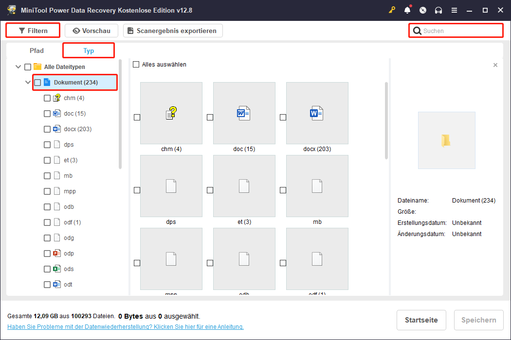 Das Typ-Fenster von MiniTool Power Data Recovery zeigt die Dateiformate für Dokumente, wobei Filtern und Suchen ausgewählt sind.