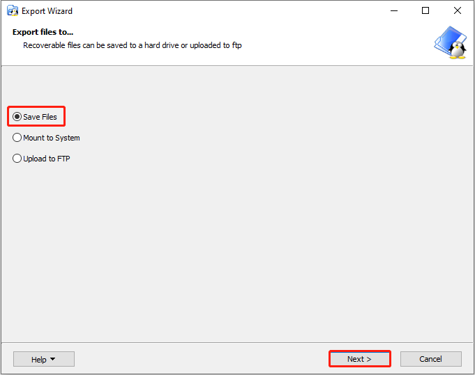 The Save Files option selected in the Export files to interface of Export Wizard.