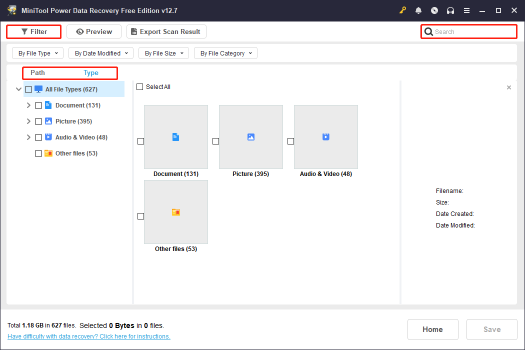 Scan results page of MiniTool Power Data Recovery with Path, Type, Filter, and Search, showing how to find the file.